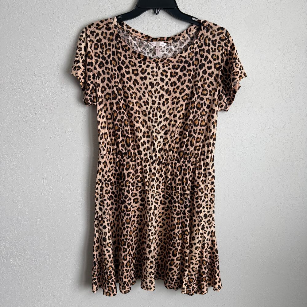 Rebecca Taylor Brown Leopard 100% Linen Jersey Knit Mini Dress Tiered Womens M